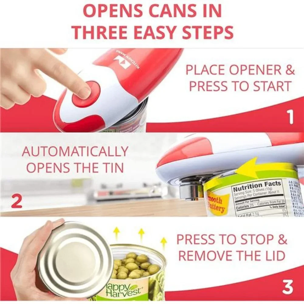 Electric Can Opener: Food-Safe and Battery Operated Handheld Can Opener(Red)
